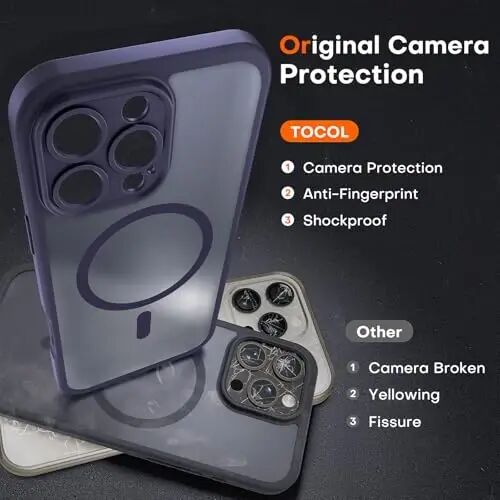 iPhone 16 Pro Max için TOCOL Telefon Kılıfı Magsafe Uyumlu Tam Kamera Koruması Düşme Koruması Manyetik Yarı Saydam Mat Arka Tampon Telefon Kılıfı 16 Pro Max 6.9-İnç (Gece Yarısı Moru) - 5