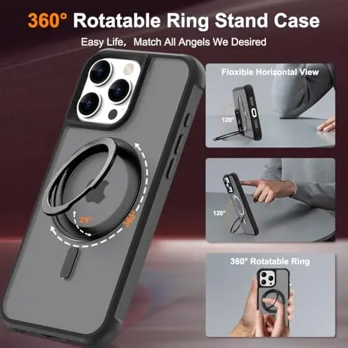 iPhone 16 Pro Max için TOKVANZ Kılıfı, 360° Dönebilen Manyetik Halkalı Standlı [Mag-Safe Uyumlu] [Askeri Sınıf Koruma] Yarı Saydam Mat Telefon Kılıfları Kadın Erkek 6.9'', Yeşil - TOKVANZ (1)