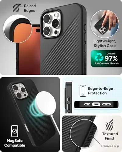 ZAGG Luxe Snap Case for iPhone 16 Pro Max - MagSafe Wireless Charging, 10ft Drop Protection, Eco-Friendly, Graphene Reinforced, Ripple Design, Black - 5