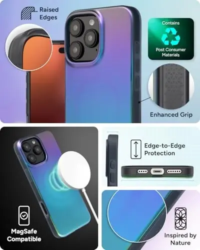 ZAGG Milan Snap Case for iPhone 16 Pro Max - Color Changing Finish, MagSafe & Wireless Charging Compatible, 13ft Drop Protection, Graphene Reinforced, Eco-Friendly, Raven Feather - 5