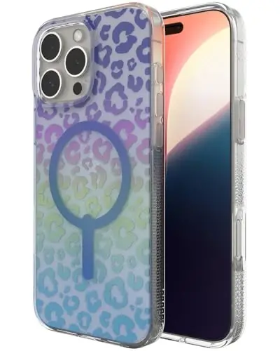 ZAGG Milan Snap Case for iPhone 16 Pro Max - Color Changing Finish, MagSafe & Wireless Charging Compatible, 13ft Drop Protection, Graphene Reinforced, Eco-Friendly, Glossy Iridescent Leopard - 1