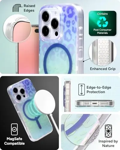 ZAGG Milan Snap Case for iPhone 16 Pro Max - Color Changing Finish, MagSafe & Wireless Charging Compatible, 13ft Drop Protection, Graphene Reinforced, Eco-Friendly, Glossy Iridescent Leopard - 5