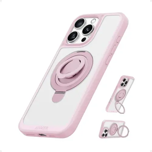 Anker Magnetic Ring Stand for iPhone 16 Pro Max Case, Silicone Finger Ring Grip Stand Holder, Military Grade Drop Tested, Compatible with MagSafe, Built in Kickstand, Soft Edge Anti-Fingerprint, Pink - 1