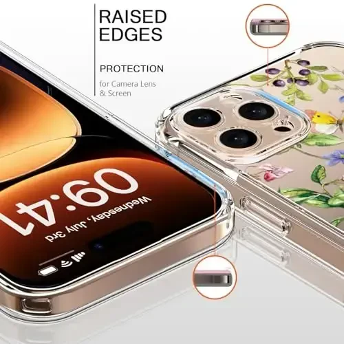 bicol for iPhone 16 Pro Max Case with Screen Protector, Enhanced Camera Protection, Crystal Clear with Fashionable Designs for Girls Women, Slim Fit Protective Phone Cover, Butterfly Flowers - 2