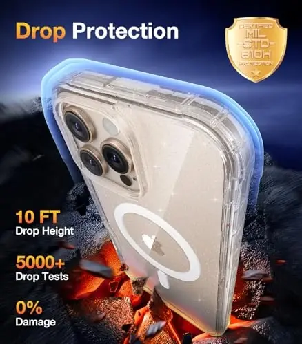 Diaclara Magnetic Designed for iPhone 16 Pro Max Case Full Body Bumper, [Compatible with MagSafe] Military Drop Proof Cover with Built-in Touch Sensitive Anti-Scratch Screen Protector, Clear Glitter - 3