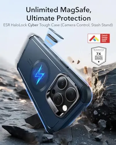 ESR for iPhone 16 Pro Max Case with Stash Stand, Camera Control, 23FT Military-Grade Shock-Absorbing Drop Protection, Compatible with MagSafe Accessories, Magnetic Cyber Series, Navy Blue - ESR