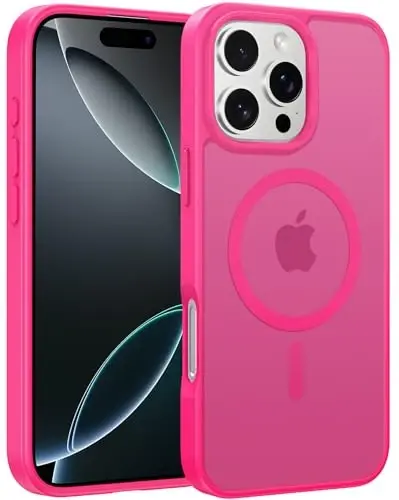 FNTCASE for iPhone 16 Pro-Max Case: [Compatible with Magsafe] Translucent Matte Magnetic Phone Cover - Military Grade Drop Protection Shockproof Protective Cases - Hot Pink - 1