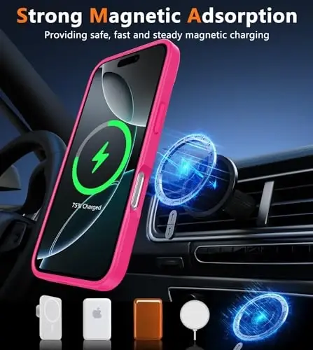 FNTCASE for iPhone 16 Pro-Max Case: [Compatible with Magsafe] Translucent Matte Magnetic Phone Cover - Military Grade Drop Protection Shockproof Protective Cases - Hot Pink - 4
