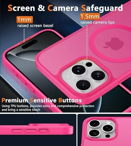 FNTCASE for iPhone 16 Pro-Max Case: [Compatible with Magsafe] Translucent Matte Magnetic Phone Cover - Military Grade Drop Protection Shockproof Protective Cases - Hot Pink - 5