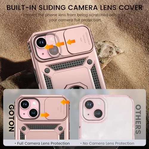 Goton for iPhone 15 Plus Case with Screen Protector - Slide Camera Cover Protective Phone Case with Ring Stand, Heavy Duty Shockproof Rugged Bumper for iPhone 15 Plus Accessories Rose Gold - 3