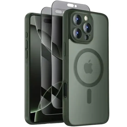 Symcele Designed for iPhone 16 Pro Max Case, Compatible with MagSafe, with Privacy Screen Protectors X2, [Camera Protection] [15FT Military Drop Protection] Shockproof Phone Case, 2024, Alpine Green - SYMCELE