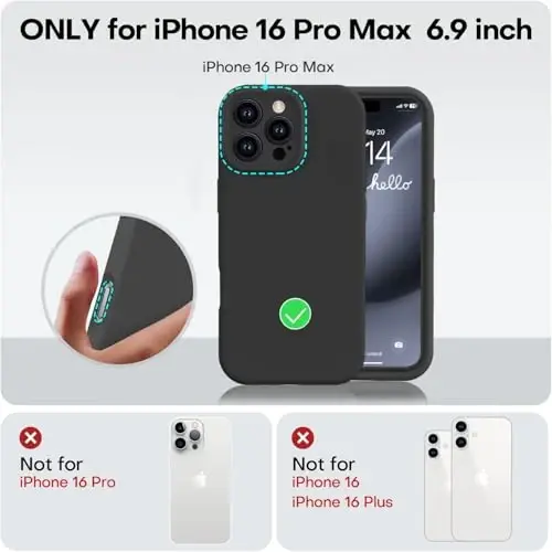 Vooii Compatible with iPhone 16 Pro Max Case, Liquid Silicone Upgrade [Camera Protection] [Soft Anti-Scratch Microfiber Lining] Shockproof Phone Case for iPhone 16 Pro Max 6.9 inch - Black - 5