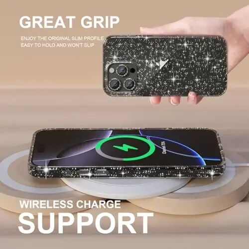 Choiche Compatible for iPhone 16 Pro Max Case Women Phone Case, Cute Bling Sparkly, Military Grade Protection, 3 Diamond Camera Lens Covers, 2 Tempered Glass Protectors, 6.9 inch (Glitter Black) 