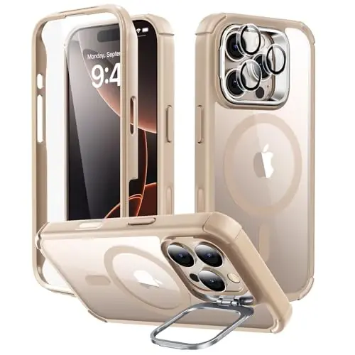 iPhone 16 Pro Max Kılıfı (Standlı), Kameralı Kontrol Düğmesi, MagSafe Uyumlu, Askeri Düzeyde Düşmeye Dayanıklı Tam Koruma Kılıfı (9H+ Temperli Cam Ekran Koruyuculu), Şeffaf Altın 
