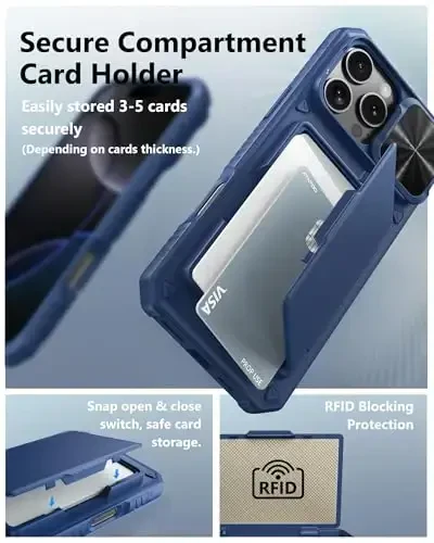 iPhone 16 Pro Max uchun ATATOO karta soladigan hamyonli gʻilof (3-5 ta kartani sigʻdira oladi) va sirgʻanuvchi linza qopqogʻi, harbiy darajadagi himoya, zarbaga chidamli hamyonli telefon gʻilofi iPhone 16 Pro Max 6.9