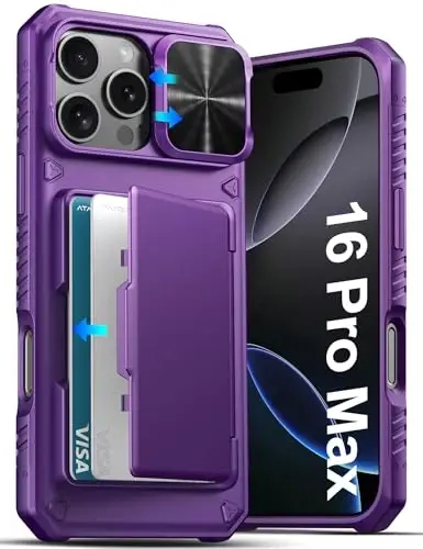 iPhone 16 Pro Max uchun ATATOO karta ushlagichli hamyonli g‘ilofi (3-5 ta kartani sig‘diradi) va sirg‘anuvchi linza qopqog‘i, harbiy darajadagi himoya, zarbga chidamli hamyonli telefon g‘ilofi iPhone 16 Pro Max 6.9