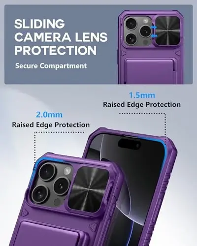 iPhone 16 Pro Max uchun ATATOO karta ushlagichli hamyonli g‘ilofi (3-5 ta kartani sig‘diradi) va sirg‘anuvchi linza qopqog‘i, harbiy darajadagi himoya, zarbga chidamli hamyonli telefon g‘ilofi iPhone 16 Pro Max 6.9