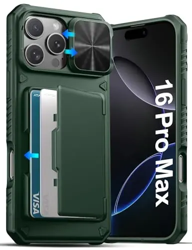 iPhone 16 Pro Max uchun ATATOO kartochkali hamyon g‘ilofi (3-5 ta kartochka sig‘adi) [RFID blokirovka] va sirg‘aluvchi kamera qopqog‘i, harbiy darajadagi himoya, iPhone 16 Pro Max uchun zarbga chidamli g‘ilof, yashil - ATATOO