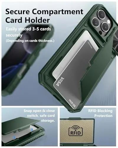 iPhone 16 Pro Max uchun ATATOO kartochkali hamyon g‘ilofi (3-5 ta kartochka sig‘adi) [RFID blokirovka] va sirg‘aluvchi kamera qopqog‘i, harbiy darajadagi himoya, iPhone 16 Pro Max uchun zarbga chidamli g‘ilof, yashil - 3
