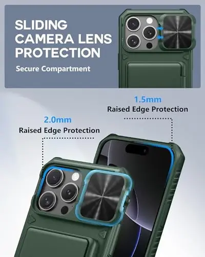 iPhone 16 Pro Max uchun ATATOO kartochkali hamyon g‘ilofi (3-5 ta kartochka sig‘adi) [RFID blokirovka] va sirg‘aluvchi kamera qopqog‘i, harbiy darajadagi himoya, iPhone 16 Pro Max uchun zarbga chidamli g‘ilof, yashil - 4