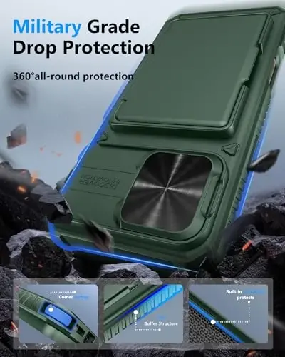 iPhone 16 Pro Max uchun ATATOO kartochkali hamyon g‘ilofi (3-5 ta kartochka sig‘adi) [RFID blokirovka] va sirg‘aluvchi kamera qopqog‘i, harbiy darajadagi himoya, iPhone 16 Pro Max uchun zarbga chidamli g‘ilof, yashil - 5