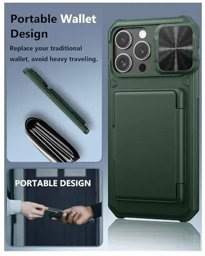 iPhone 16 Pro Max uchun ATATOO kartochkali hamyon g‘ilofi (3-5 ta kartochka sig‘adi) [RFID blokirovka] va sirg‘aluvchi kamera qopqog‘i, harbiy darajadagi himoya, iPhone 16 Pro Max uchun zarbga chidamli g‘ilof, yashil - 6