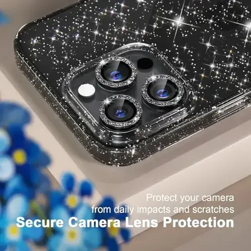 iPhone 16 Pro Max uchun Choiche mos keladigan ayollar telefon qutisi, yoqimli Bling yaltiroq, harbiy darajadagi himoya, 3 olmosli kamera linzalari qopqog'i, 2 закалённое shisha himoyachisi, 6,9 dyuym (Glitter qora) - 3