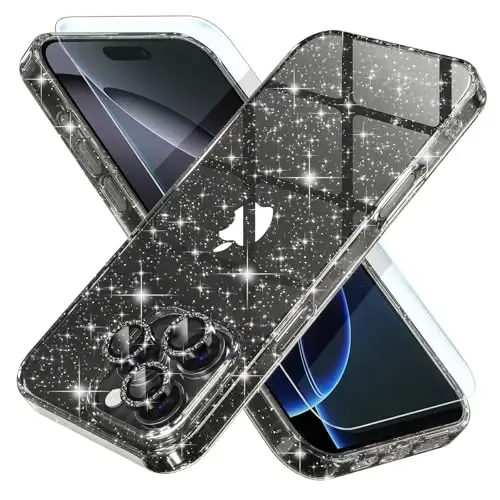 iPhone 16 Pro Max uchun Choiche mos keladigan ayollar telefon qutisi, yoqimli Bling yaltiroq, harbiy darajadagi himoya, 3 olmosli kamera linzalari qopqog'i, 2 закалённое shisha himoyachisi, 6,9 dyuym (Glitter qora) 