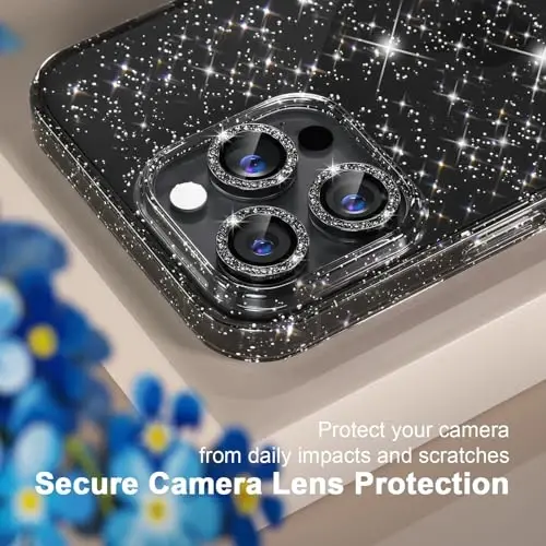 iPhone 16 Pro Max uchun Choiche mos keladigan ayollar telefon qutisi, yoqimli Bling yaltiroq, harbiy darajadagi himoya, 3 olmosli kamera linzalari qopqog'i, 2 закалённое shisha himoyachisi, 6,9 dyuym (Glitter qora) - 3