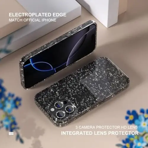 iPhone 16 Pro Max uchun Choiche mos keladigan ayollar telefon qutisi, yoqimli Bling yaltiroq, harbiy darajadagi himoya, 3 olmosli kamera linzalari qopqog'i, 2 закалённое shisha himoyachisi, 6,9 dyuym (Glitter qora) - 4