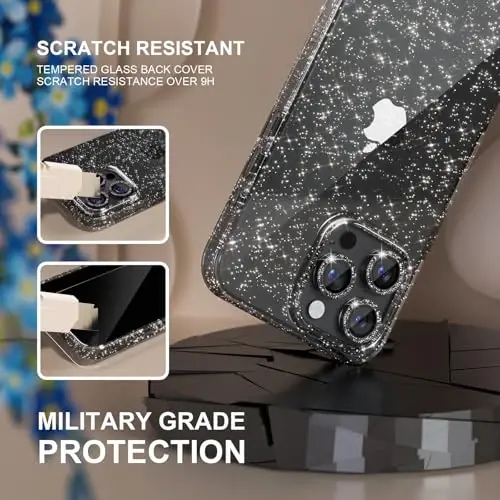 iPhone 16 Pro Max uchun Choiche mos keladigan ayollar telefon qutisi, yoqimli Bling yaltiroq, harbiy darajadagi himoya, 3 olmosli kamera linzalari qopqog'i, 2 закалённое shisha himoyachisi, 6,9 dyuym (Glitter qora) - 5
