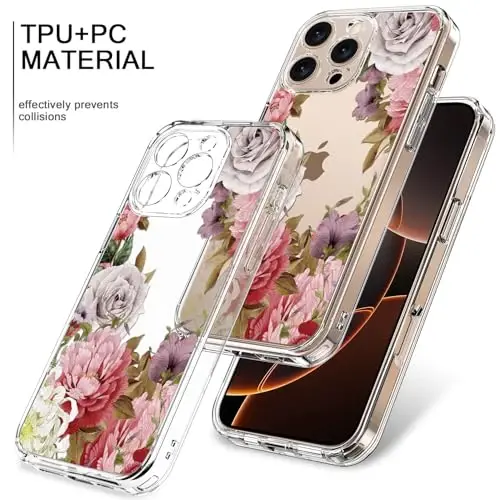 iPhone 16 Pro Max uchun ekran himoyachisi bilan bicol g'ilofi, takomillashtirilgan kamera himoyasi, qizlar va ayollar uchun moda dizaynlari bilan tiniq, ingichka himoya telefon qopqog'i, gullar bog'i - 3