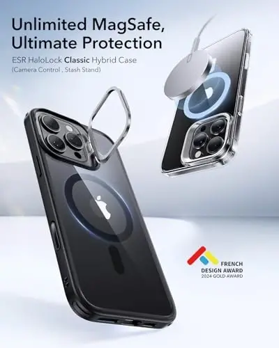 iPhone 16 Pro Max uchun ESR g'ilofi, MagSafe bilan mos, harbiy darajadagi himoya g'ilofi, o'rnatilgan Stash Stand, chizishga chidamli orqa qopqoq, Classic Series, shaffof qora - 3