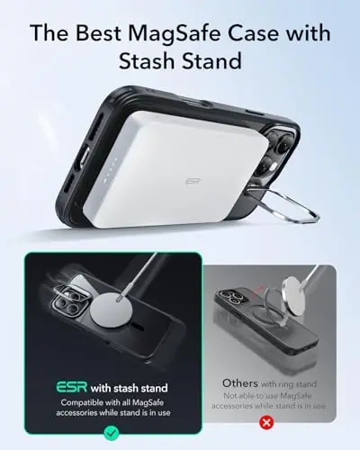 iPhone 16 Pro Max uchun ESR g'ilofi, MagSafe bilan mos, harbiy darajadagi himoya g'ilofi, o'rnatilgan Stash Stand, chizishga chidamli orqa qopqoq, Classic Series, shaffof qora - 4
