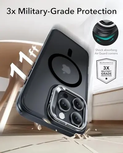iPhone 16 Pro Max uchun ESR g‘ilofi, MagSafe bilan mos, harbiy darajadagi himoya g‘ilofi, o‘rnatilgan Stash Stand telefon g‘ilofi, tirnalishga chidamli orqa qopqoq, Classic Series, muzli qora - 3