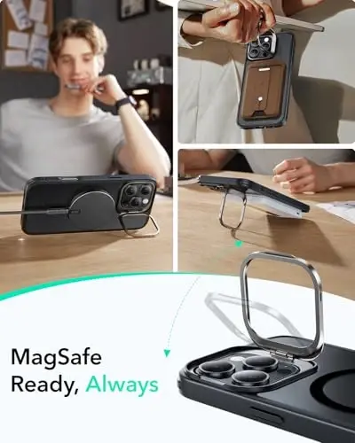 iPhone 16 Pro Max uchun ESR g‘ilofi, MagSafe bilan mos, harbiy darajadagi himoya g‘ilofi, o‘rnatilgan Stash Stand telefon g‘ilofi, tirnalishga chidamli orqa qopqoq, Classic Series, muzli qora - 4