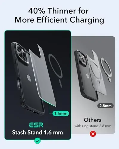 iPhone 16 Pro Max uchun ESR g‘ilofi, MagSafe bilan mos, harbiy darajadagi himoya g‘ilofi, o‘rnatilgan Stash Stand telefon g‘ilofi, tirnalishga chidamli orqa qopqoq, Classic Series, muzli qora - 5