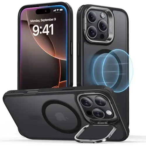 iPhone 16 Pro Max uchun ESR g‘ilofi, MagSafe bilan mos, harbiy darajadagi himoya g‘ilofi, o‘rnatilgan Stash Stand telefon g‘ilofi, tirnalishga chidamli orqa qopqoq, Classic Series, muzli qora 