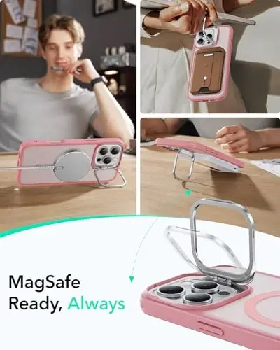 iPhone 16 Pro Max uchun ESR g‘ilofi, MagSafe bilan mos, harbiy darajadagi himoya g‘ilofi, o‘rnatilgan yashirin tayanchli telefon g‘ilofi, tirnalishga chidamli orqa qopqoq, Classic Series, muzlatilgan pushti - 6