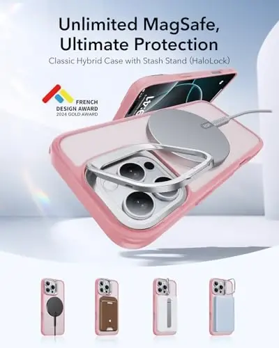 iPhone 16 Pro Max uchun ESR g‘ilofi, MagSafe bilan mos, harbiy darajadagi himoya g‘ilofi, o‘rnatilgan yashirin tayanchli telefon g‘ilofi, tirnalishga chidamli orqa qopqoq, Classic Series, muzlatilgan pushti - 4