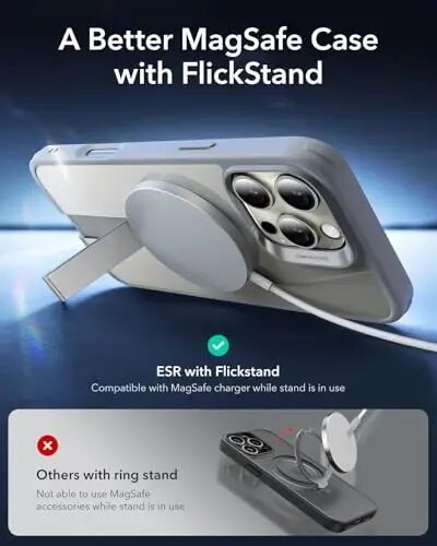 iPhone 16 Pro Max uchun ESR g‘ilofi o‘rnatilgan tirgak bilan, harbiy darajadagi zarbaga chidamli himoya, magnit to‘liq sozlanishi Flickstand telefon g‘ilofi, MagSafe aksessuarlari bilan mos, Boost seriyasi, tiniq kulrang - 3