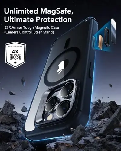 iPhone 16 Pro Max uchun ESR g‘ilofi, Stendli, MagSafe bilan mos keluvchi kamera boshqaruv tugmasi, o‘rnatilgan 9H+ закалённый stikli to‘liq korpusli harbiy darajadagi tushishga chidamli g‘ilof, tiniq qora - 2
