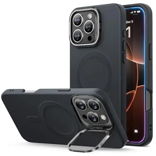 iPhone 16 Pro Max uchun ESR g'ilofi, stendli silikon g'ilof, MagSafe bilan mos, o'rnatilgan kamera stend, iPhone 16 Pro Max uchun magnit telefon g'ilofi, Cloud Series, qora 