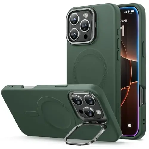 iPhone 16 Pro Max uchun ESR g'ilofi, stendli silikon g'ilof, MagSafe bilan mos, o'rnatilgan kamera stendli, iPhone 16 Pro Max uchun magnit telefon g'ilofi, Cloud Series, yashil 