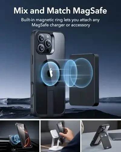 iPhone 16 Pro Max uchun ESR g‘ilofi, tayanchli, harbiy darajadagi zarbaga chidamli himoya, to‘liq sozlanishi mumkin bo‘lgan magnit Flickstand telefon g‘ilofi, MagSafe aksessuarlari bilan mos keladi, Boost seriyasi, toza qora - 6