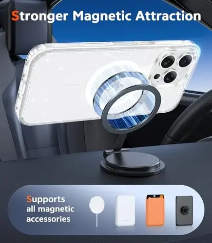 iPhone 16 Pro-Max uchun FNTCASE gʻilofi: Magsafe bilan mos keluvchi shaffof magnitli telefon gʻiloflari, ingichka, sargʻayishga qarshi, harbiy darajadagi tushishdan himoya, mustahkam himoyalovchi shaffof gʻilof (B-Glitter Magnetic) - 4