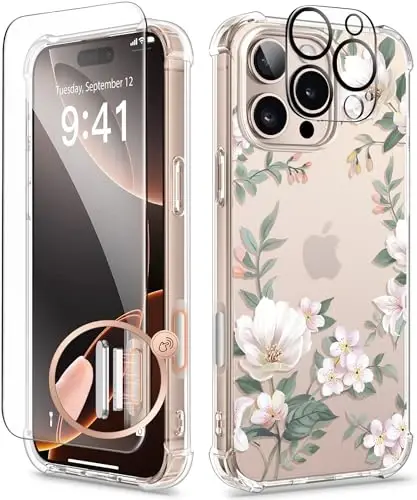 iPhone 16 Pro Max uchun GVIEWIN gul naqshli g‘ilof, ekran va kamera linzalari himoyachisi bilan, [sarg‘aymaydigan] ayollar uchun ingichka, zarbga chidamli shaffof himoya g‘ilofi, gul naqshli dizayn 6.9