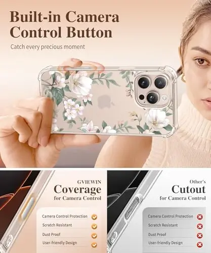 iPhone 16 Pro Max uchun GVIEWIN gul naqshli g‘ilof, ekran va kamera linzalari himoyachisi bilan, [sarg‘aymaydigan] ayollar uchun ingichka, zarbga chidamli shaffof himoya g‘ilofi, gul naqshli dizayn 6.9