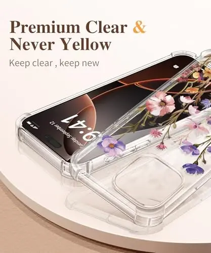 iPhone 16 Pro Max uchun GVIEWIN gul naqshli g‘ilof, ekran va kamera linzalari uchun himoya plyonkasi bilan, [sarg‘aymaydigan] ayollar uchun ingichka va zarbga chidamli shaffof g‘ilof, gulli dizayn 6,9