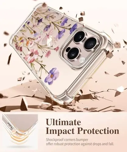 iPhone 16 Pro Max uchun GVIEWIN gul naqshli g‘ilof, ekran va kamera linzalari uchun himoya plyonkasi bilan, [sarg‘aymaydigan] ayollar uchun ingichka va zarbga chidamli shaffof g‘ilof, gulli dizayn 6,9